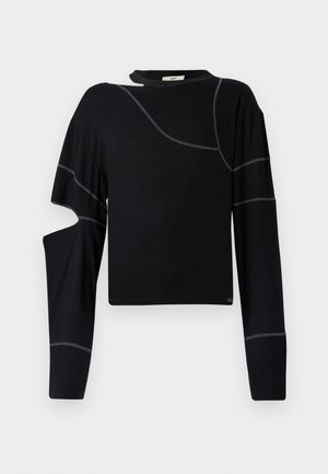 Black long-sleeve top featuring asymmetrical cutouts, contrasting gray stitching, a boat neckline, and a cropped hem design.