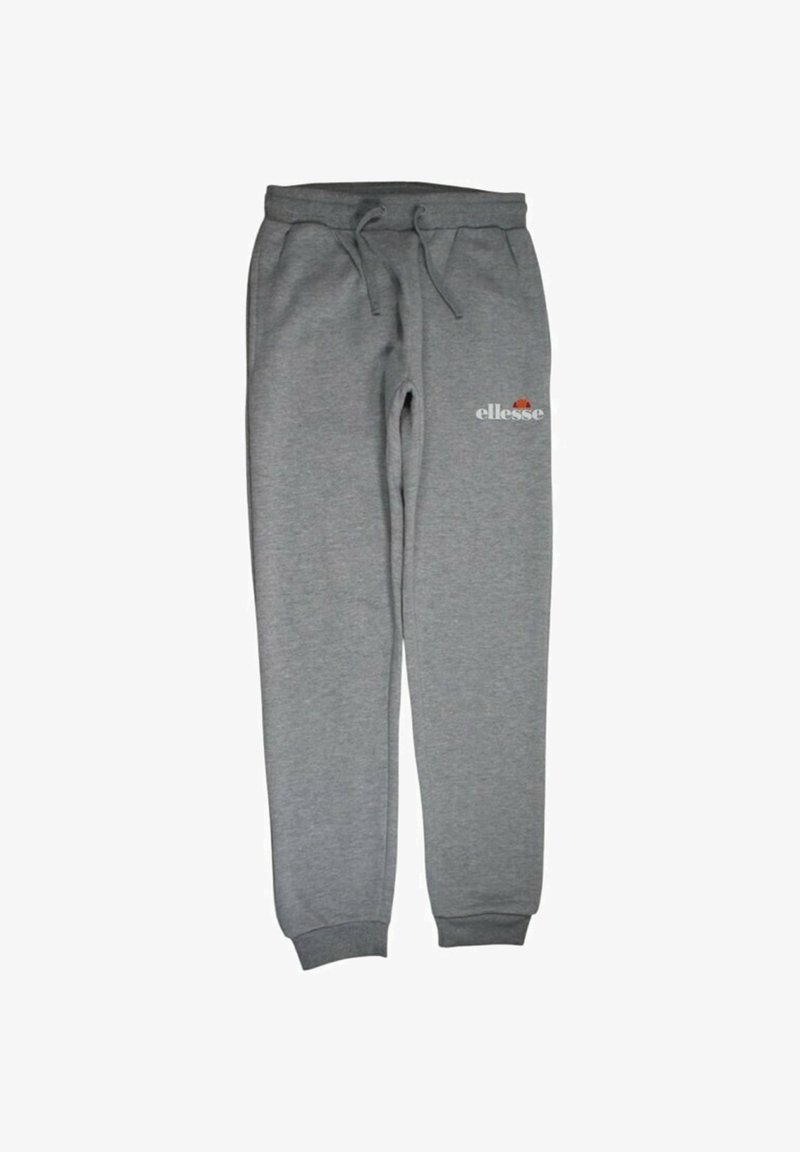 Pantalon de survêtement gris avec ceinture élastique et cordon de serrage. Présente le logo "ellesse" en blanc et un logo décoratif avec accent coloré sur la hanche.