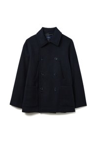 Cappotto peacoat in lana blu navy con doppi bottoni, due tasche frontali applicate e colletto a revers. Tessuto liscio, vestibilità sartoriale.