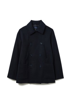 Marineblauer Woll-Pea-coat mit doppelreihigen Knöpfen, zwei aufgesetzten Fronttaschen und einem Kentkragen. Glatte Textur, taillierte Passform.