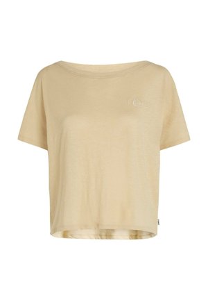 Lühikeste varrukatega helebeež T-särk, valmistatud pehmest kangast. Omadusteks on lahtine lõige, ümar kaelus ja väike rinnale tikitud logo.