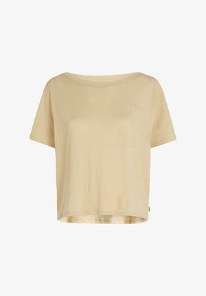 Lühikeste varrukatega helebeež T-särk, valmistatud pehmest kangast. Omadusteks on lahtine lõige, ümar kaelus ja väike rinnale tikitud logo.