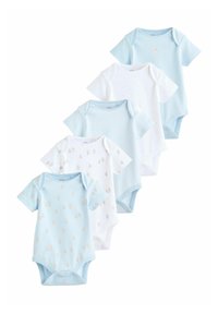 Viis lühikeste varrukatega beebide bodysuiti sinises ja valges värvitoonis, millel on karukujutised ja triibud, paigutatud astmelisse vertikaalsesse ritta.