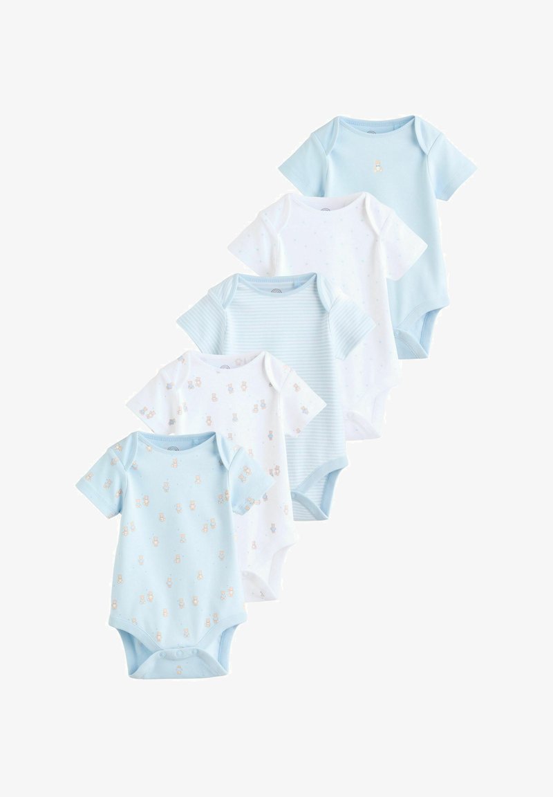 Viis lühikeste varrukatega beebide bodysuiti sinises ja valges värvitoonis, millel on karukujutised ja triibud, paigutatud astmelisse vertikaalsesse ritta.