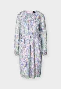 Robe longue à manches longues, longueur au genou, avec ceinture, motif abstrait aux couleurs pastel vert, bleu, rose et beige sur un fond de tissu clair.