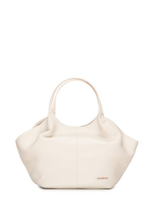 Borsa in pelle morbida color crema con doppi manici arrotondati e piccolo logo discreto nell'angolo inferiore destro.