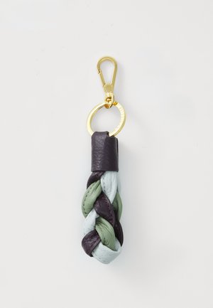 Leather keychain featuring a braided design in dark purple, light green, and pale blue, with a gold metal clip and ring.