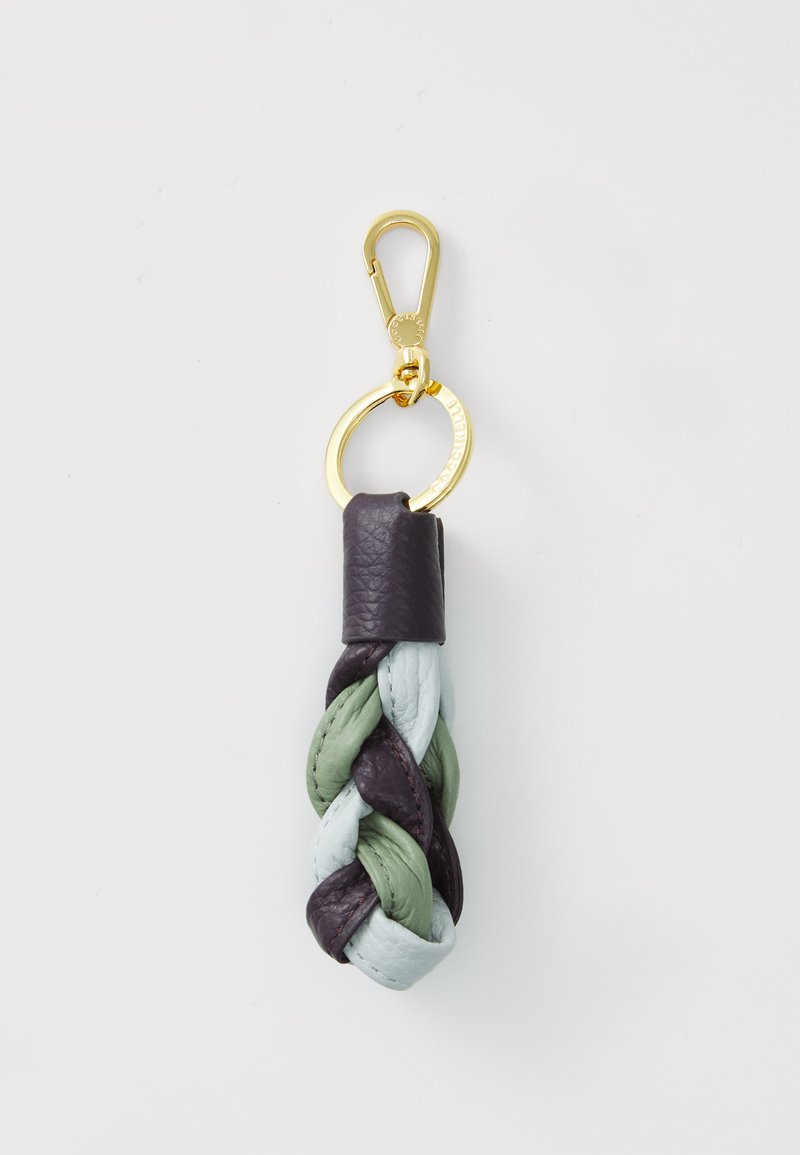 Δερμάτινο μπρελόκ με πλεχτό σχέδιο σε σκούρο μωβ, ανοιχτό πράσινο και αχνό μπλε, με χρυσό μεταλλικό κλιπ και δαχτυλίδι.