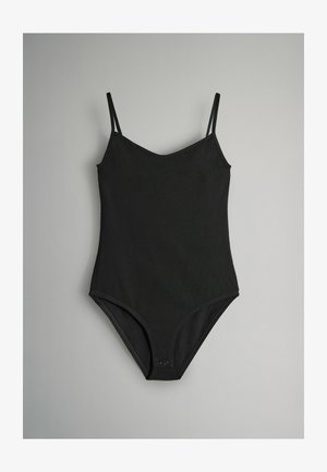 Schwarzer Einteiler-Badeanzug mit Rundhalsausschnitt, verstellbaren dünnen Trägern und einem glatten Stoff. Verfügt über einen hochgeschnittenen Beinausschnitt.