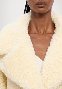 Cappotto in pelliccia sintetica di un morbido crema con un esterno testurizzato e fluffy. Presenta un ampio colletto e una chiusura frontale aperta, che mette in mostra uno strato interno liscio.