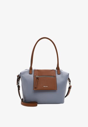 Gray tote bag with brown accents, featuring a front zipper pocket, dual handles, and a detachable shoulder strap. Smooth texture and structured design.