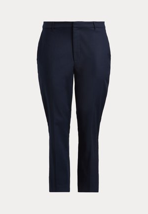 Laivastonsiniset räätälöidyt housut, valmistettu sileästä kankaasta, joissa on vetoketjullinen etuvetskari, vyölenkit ja suoralahkeinen malli. Ei näkyviä kuvioita tai korostuksia.