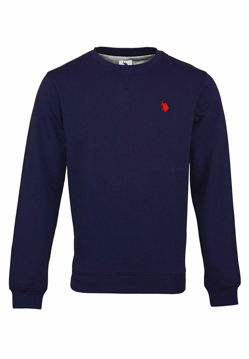 Sweat-shirt bleu marine à manches longues avec col rond, poignets côtelés et petit logo rouge sur la poitrine gauche.