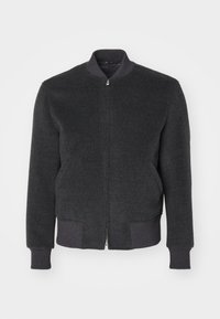 Dark gray wool-blend bomber jacket with a zip front, ribbed collar, cuffs, and hem. Features a smooth texture and streamlined design.