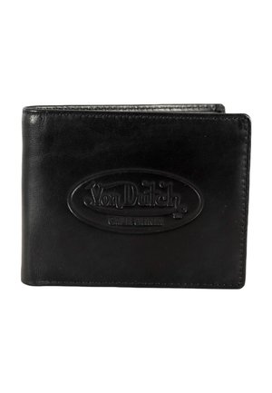 Portafoglio bifold nero in pelle con logo in rilievo "Von Dutch California" centrato sul davanti.