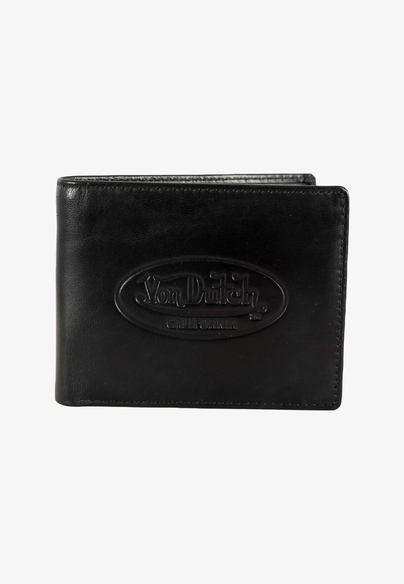 Portefeuille noir en cuir bifold avec logo embossé "Von Dutch California" centré sur le devant.