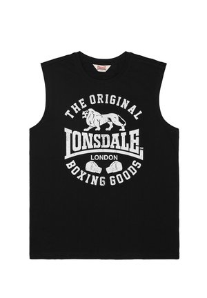 Maglietta nera senza maniche con testo bianco "The Original Lonsdale London Boxing Goods", grafica di un leone e illustrazione di guantoni da boxe.