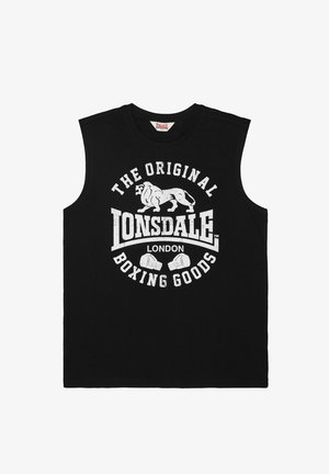 Maglietta nera senza maniche con testo bianco "The Original Lonsdale London Boxing Goods", grafica di un leone e illustrazione di guantoni da boxe.