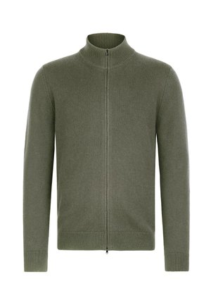 Olivengrøn lynlåstrøje med høj, ribbet krave, lange ærmer og ribbede kanter. Fremstillet af blødt, tekstureret stof med et elegant design.