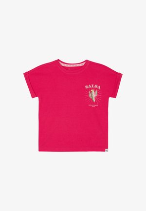 T-shirt rosa brillante a maniche corte con scollatura rotonda, caratterizzata da una grafica di un cactus e la parola "SALSA" ricamata in bianco.