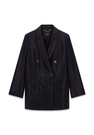 Blazer nero doppiopetto con sei bottoni, ampi risvolti, tasche con pattina e dettaglio di catena dorata all'interno del colletto.