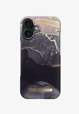 Phone case featuring a dark marbled design with gold accents, smooth texture, and a metallic logo plate at the bottom.