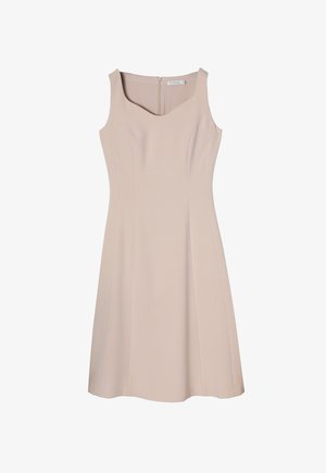 Mouwloze beige jurk met een getailleerde bovenkant en een uitlopende rok. Gladde stof met een subtiele glans. Ritssluiting aan de achterkant.
