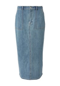 Gonna midi in denim azzurro chiaro con una vestibilità dritta, dotata di due tasche frontali e chiusura a bottone in vita. Dettaglio di cucitura minimale.