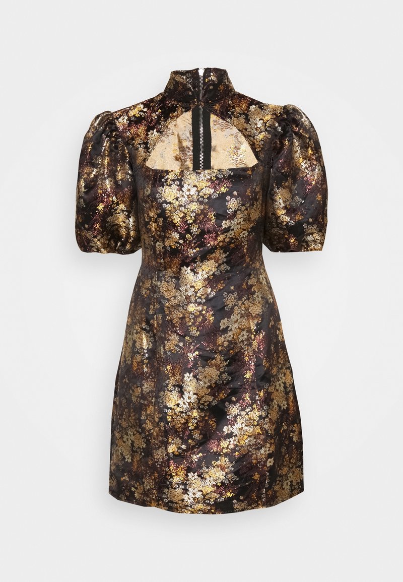 Robe noire courte à manches bouffantes, motif floral métallique en or et bronze, col montant et fermeture éclair frontale.