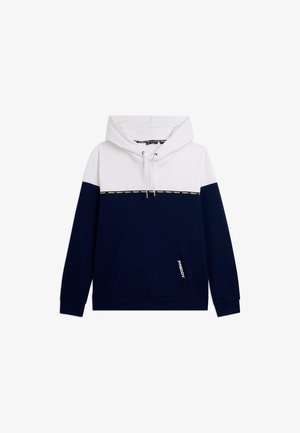 Felpa con cappuccio con metà superiore bianca, metà inferiore blu navy, tasca frontale, coulisse e logo Freddy sulla fascia del petto e sulla tasca.