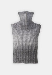 Ärmelloser grauer Strickpullover mit hohem Kragen, ausgestattet mit einem Reißverschluss und geripptem Textur, der von dunkelgrau zu hellgrau übergeht.