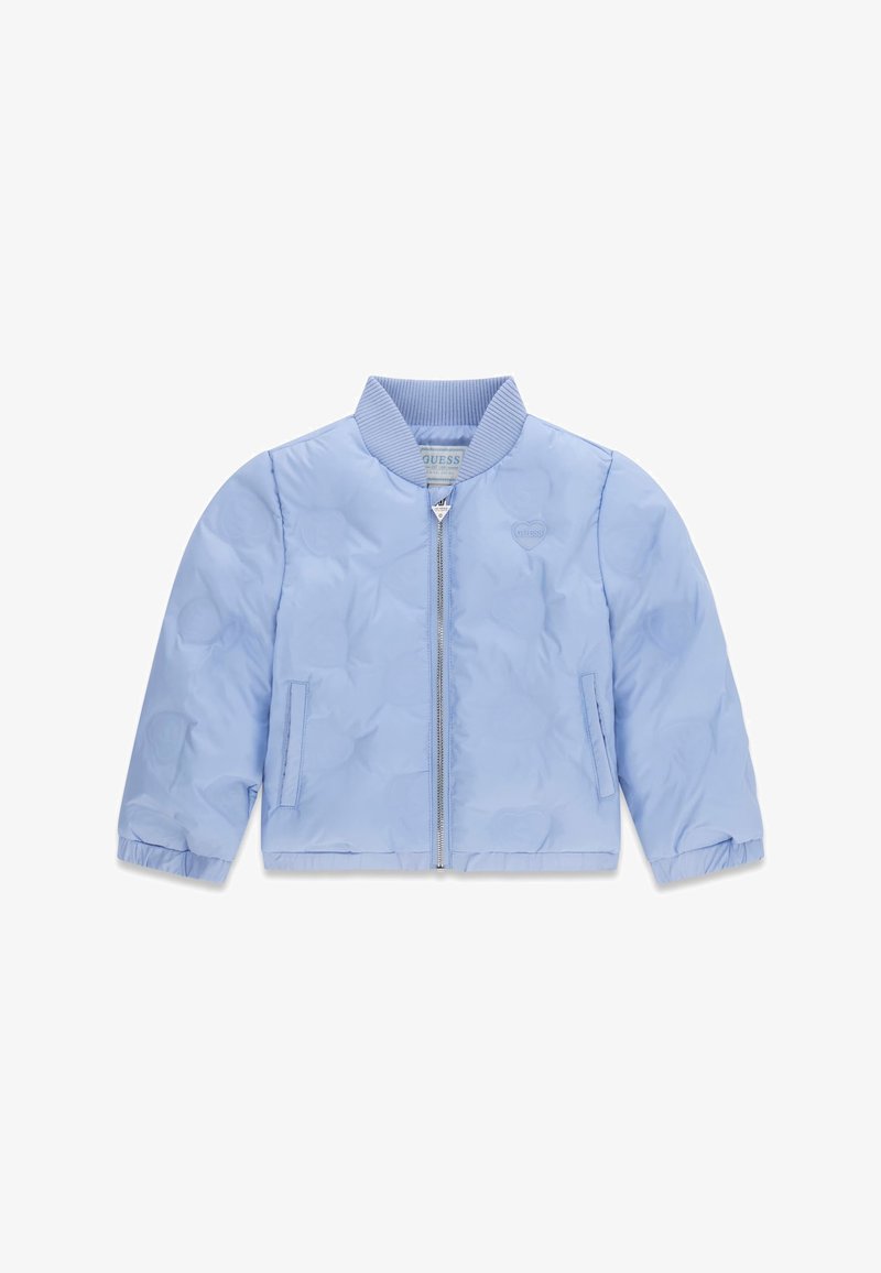 Helesinine laste bomberjakk esiluku, soonikkoes krae, kahe küljetasku ja õrnade südamekujuliste mustritega kangal.