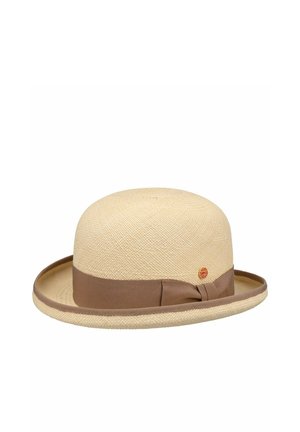 Beige straw bowler hat with a rounded crown, brown ribbon band, side bow, and upturned brim, shown against a white background.