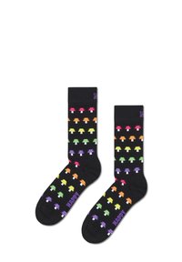 Chaussettes noires avec des motifs colorés de champignons en rose, orange, jaune, vert, violet et blanc. Agrémentées de "HAPPY" en violet.
