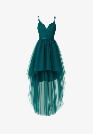 Teal høj-lav kjole med blonde bodice, tynde stropper, satin talje og lagdelt tylskørt med gennemsigtig overlay.