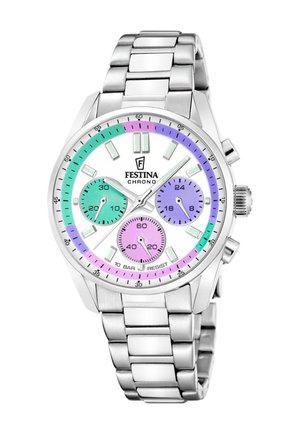 Srebrny metalowy zegarek na rękę Festina Chrono z trzema pastelowymi subtarczami w kolorach zielonym, fioletowym i różowym oraz świecącymi znacznikami godzin.