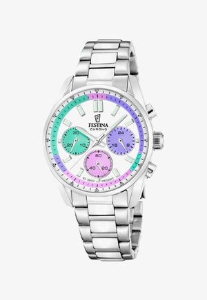 Reloj de pulsera Festina Chrono de metal plateado con tres subesferas de colores pastel en verde, morado y rosa, y marcadores de hora luminiscentes.