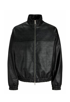 Veste noire en simili cuir avec col montant, fermeture éclair devant, poignets et ourlet élastiqués pour un style ajusté.