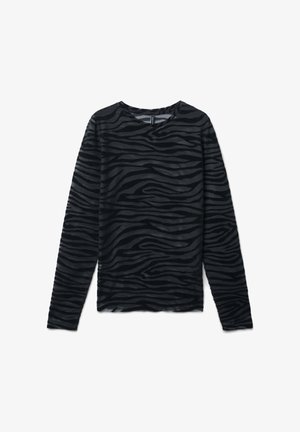 Haut noir à manches longues avec un motif zébré texturé. Fabriqué en tissu léger, il présente un col rond simple et une coupe droite.