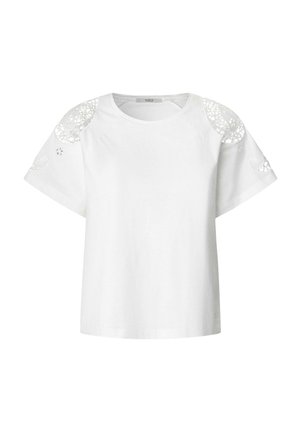 Weißes T-Shirt aus Baumwolle mit kurzen Ärmeln, verziert mit Spitzenakzenten an den Schultern und einem runden Ausschnitt. Glatte Textur.