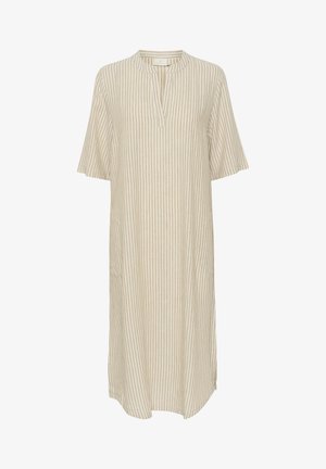 Gestreiftes beiges Kleid mit lockerer Passform, kurzen Ärmeln und einem kleinen Kragen. Verfügt über seitliche Taschen und einen knielangen Saum. Aus Baumwollmischgewebe.