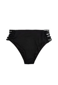Svart bikiniunderdel i stretchy tyg, med sidoklippdetaljer och tunna band. Slät textur, medelhög passform.