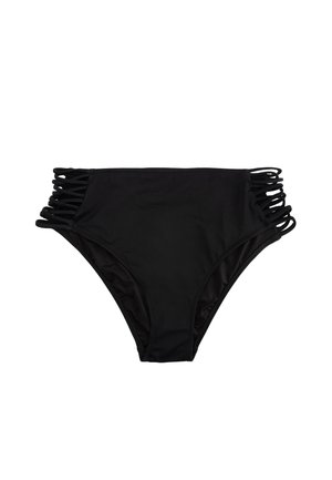 Bas de bikini noir en tissu extensible, avec des découpes sur les côtés et des fines bretelles. Texture lisse, coupe mi-haute.
