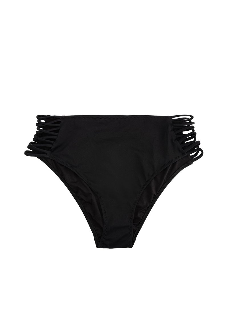 Svart bikiniunderdel i stretchy tyg, med sidoklippdetaljer och tunna band. Slät textur, medelhög passform.
