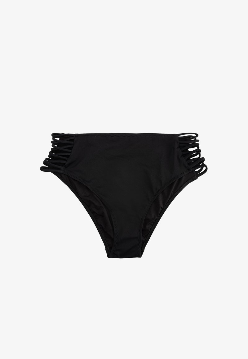 Parte inferior de bikini negra hecha de una tela elástica, con cortes laterales y tirantes delgados. Textura suave, ajuste de altura media.