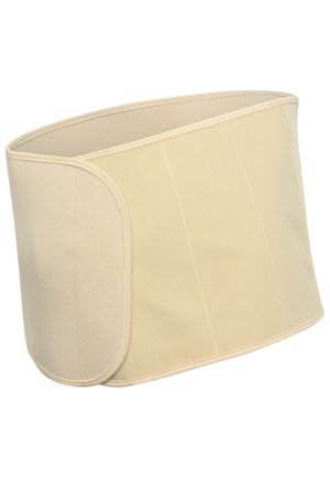 Beige abdominal support wrap made of soft fabric, featuring a smooth texture, a fitted design, and reinforced seams for stability.