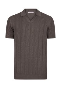 Korte mouwen, v-hals polo in donkerbruin gebreide stof met een textuurpatroon en verticale patronen, en een rechte onderkant.