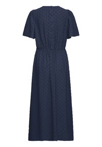 Robe midi bleu marine à manches courtes, taille élastique, motif à pois texturé et détails de boutons dans le dos.