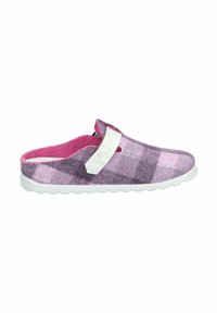 Purple and pink checked clogs made from soft felt, featuring a white adjustable strap and a textured white rubber sole.