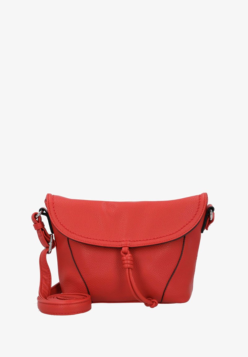 Röd läder crossbody-väska med en vikbar klaff, knutdetalj och justerbar rem; har svart sömnad runt kanterna.